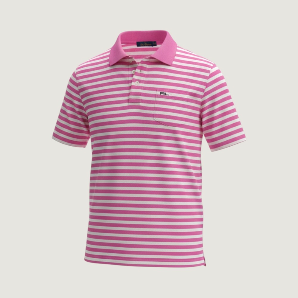 RLX Ralph Lauren Mens XL Pink White Striped Golf Polo Shirt Short Sleeve Pocket